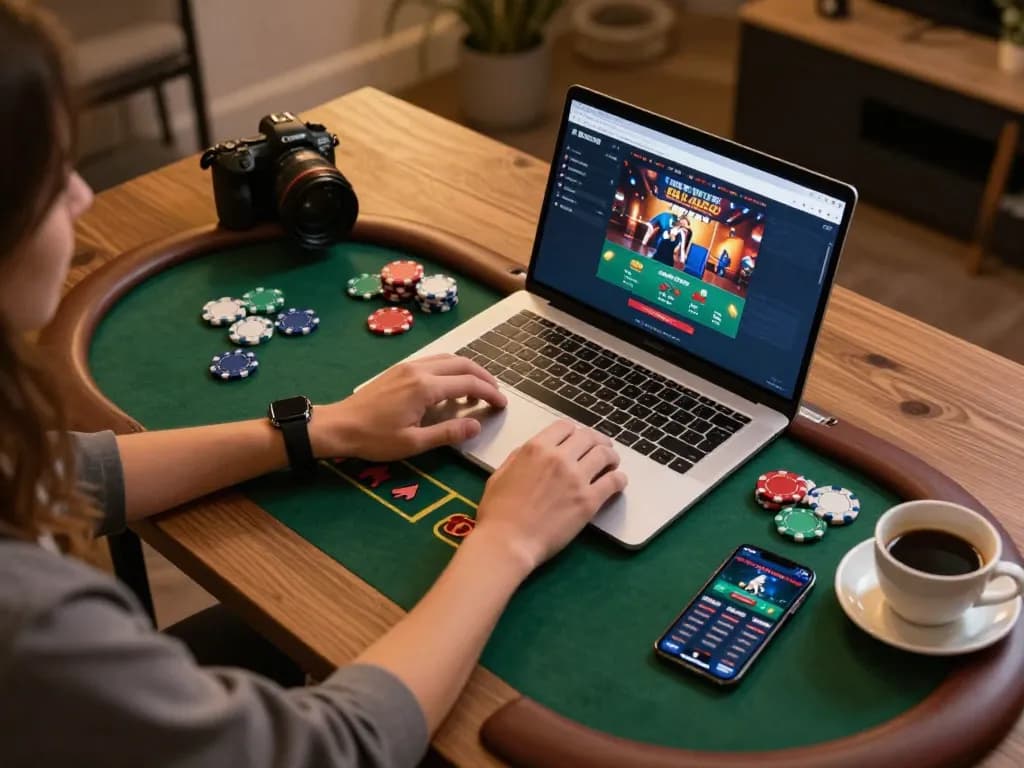 Person engaging with B52 online poker game on laptop, relaxed home setting with colorful poker chips