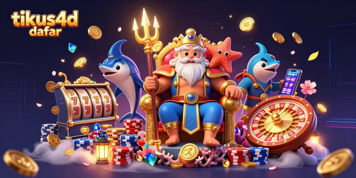 Experience the thrill of the tikus4d daftar with vibrant slot machine reels and rich casino elements in this captivating illustration.