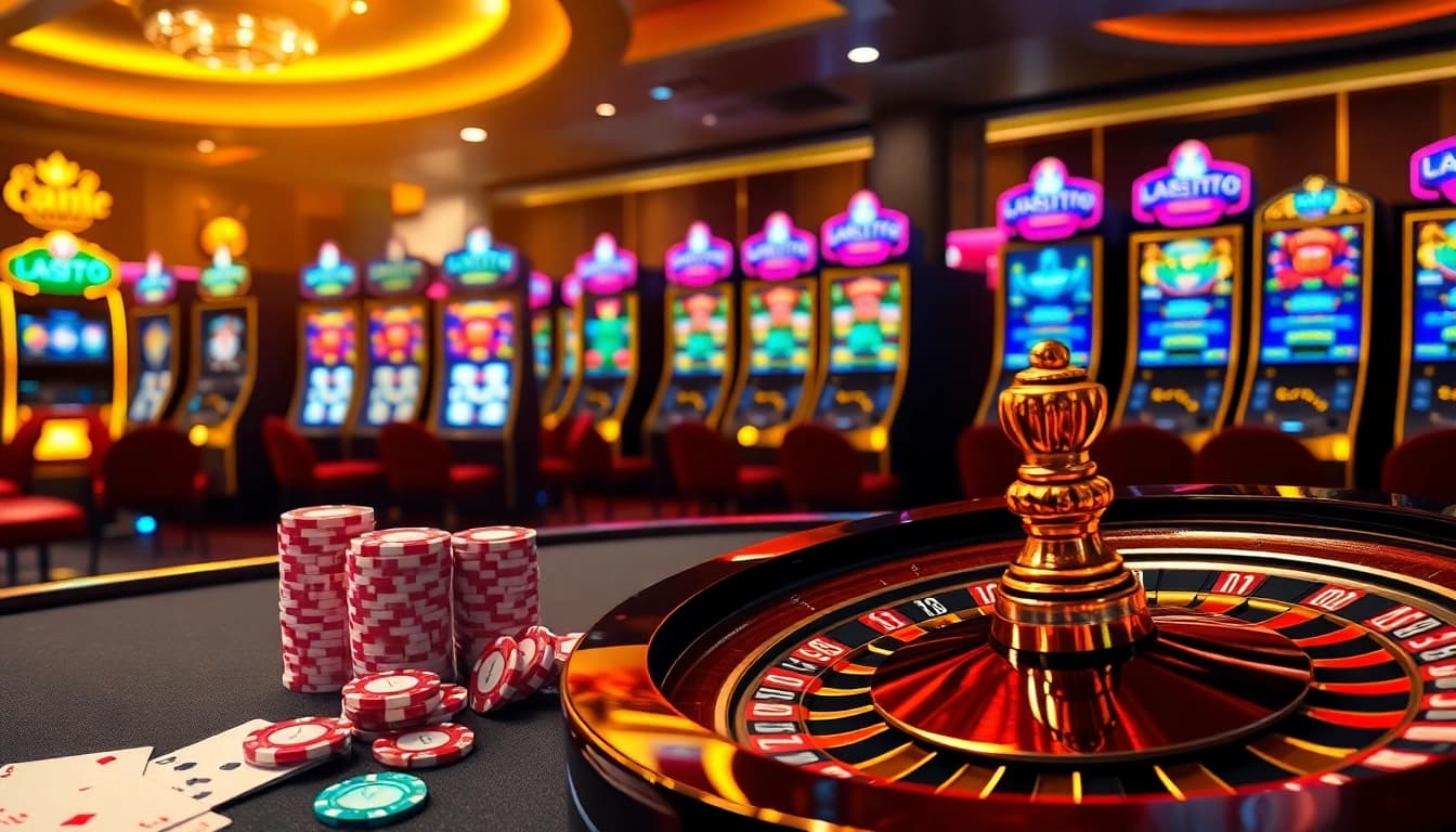 Lazadatoto showcases a luxurious casino ambiance with vibrant gaming elements and engaging visuals.