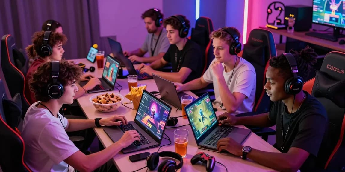 Exciting gaming night scene with mahajitu members enjoying multiplayer matches together in a vibrant atmosphere.