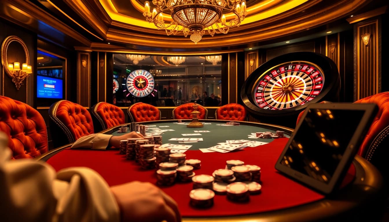 Engaging poker players at a qh88 casino table surrounded by vibrant chips and a roulette wheel.