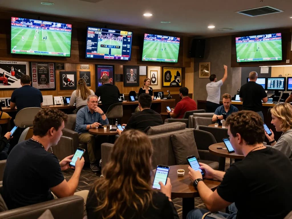Betting action with patrons engaging in mposport on mobile while watching live sports in a modern lounge.