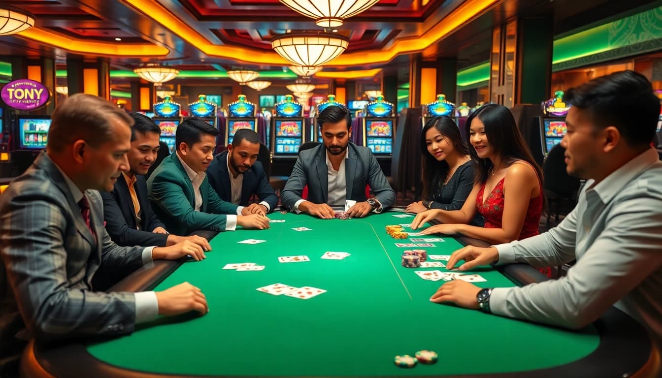 Experience thrilling gameplay at the KK55 casino table, featuring colorful poker chips and intense player action.