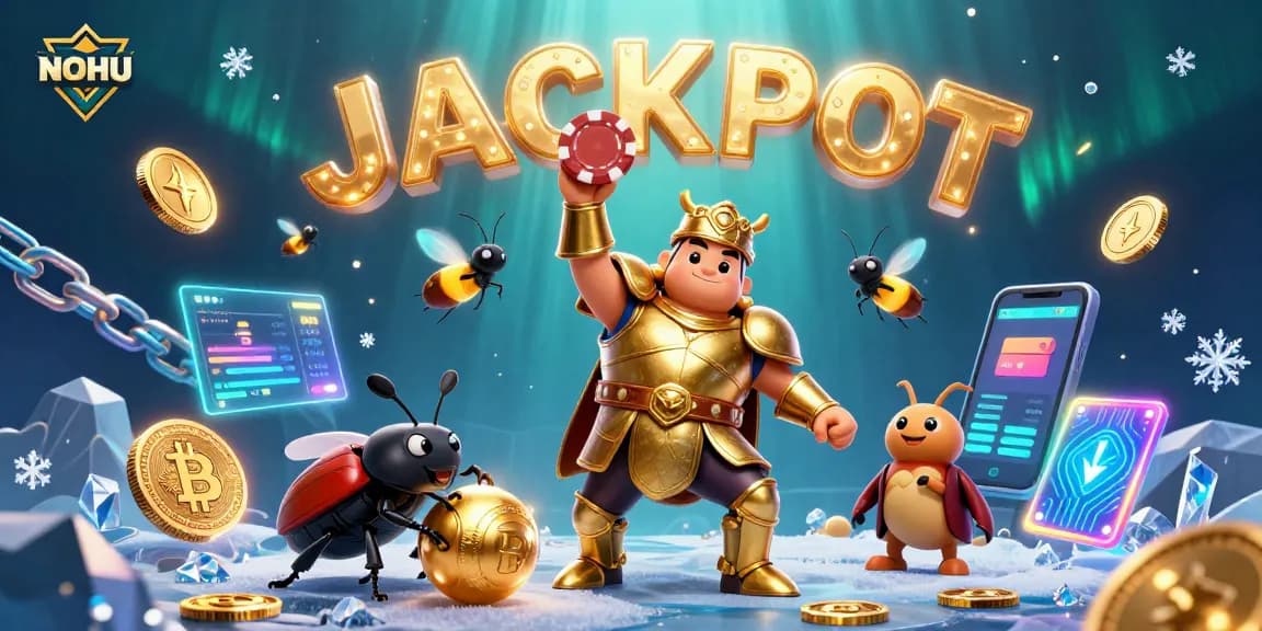 Engaging NOHU illustration shows a victorious beetle in a casino with glowing coins and the word JACKPOT!