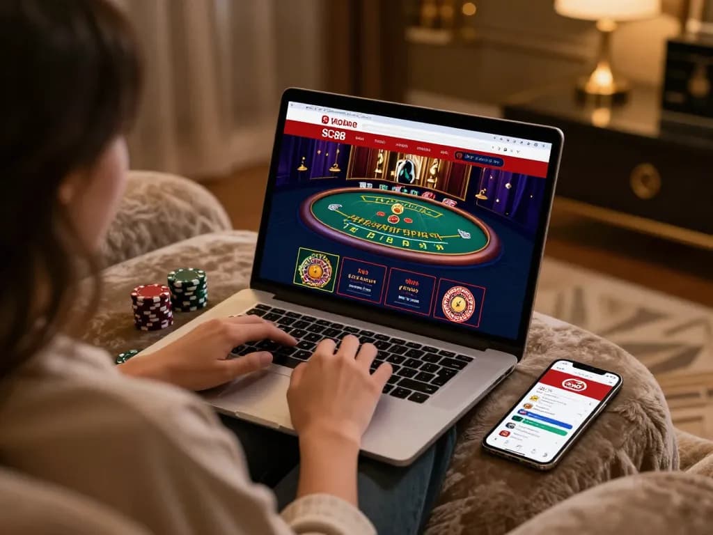 Engaging player using SC88 app on a laptop for online blackjack and roulette gameplay.