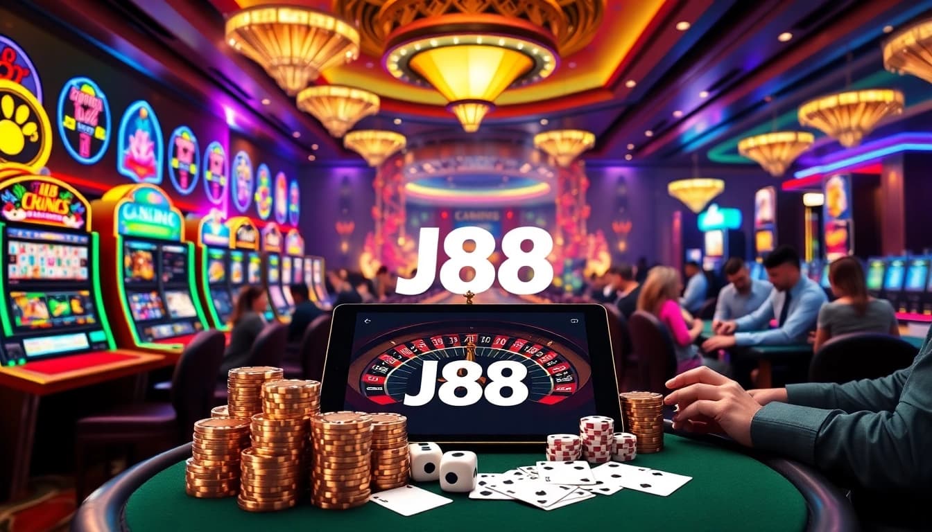 Experience the thrill of J88's luxurious casino environment filled with vibrant slot machines and poker tables.