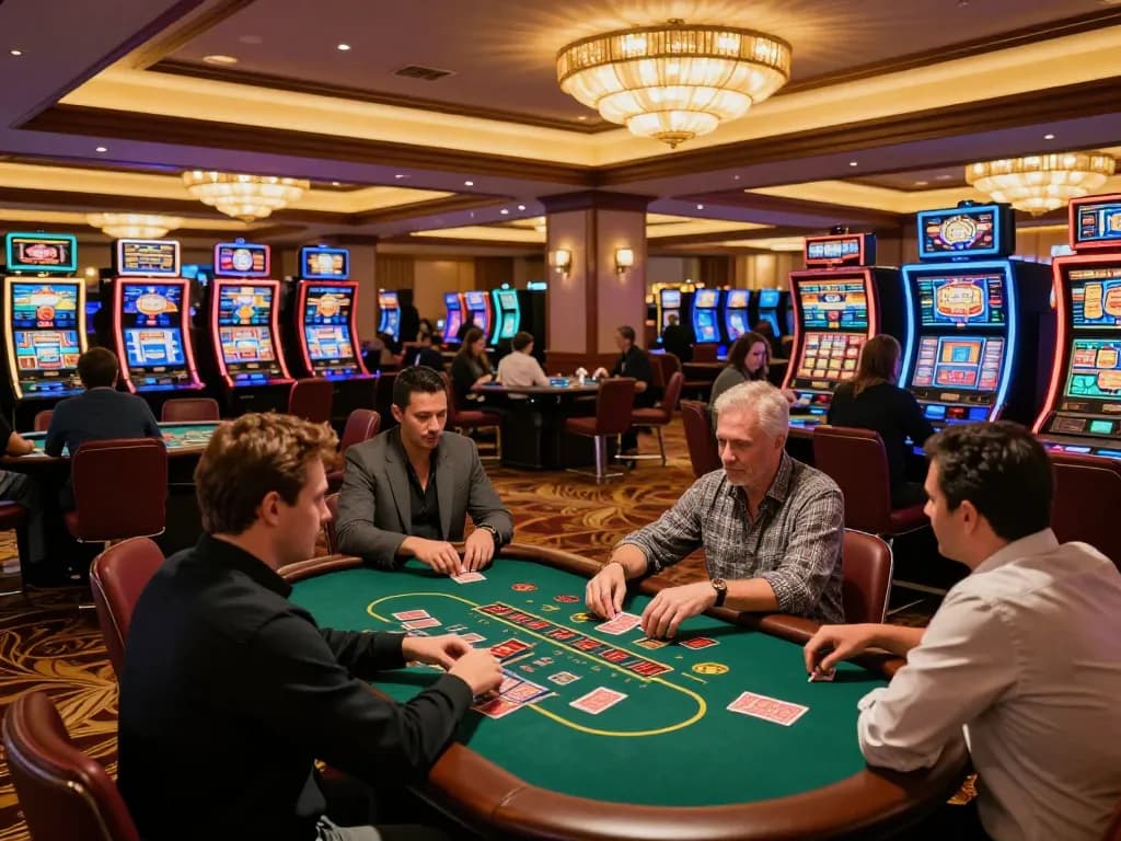 South African casinos buzzing with excitement as players engage at vibrant slot machines and blackjack tables.