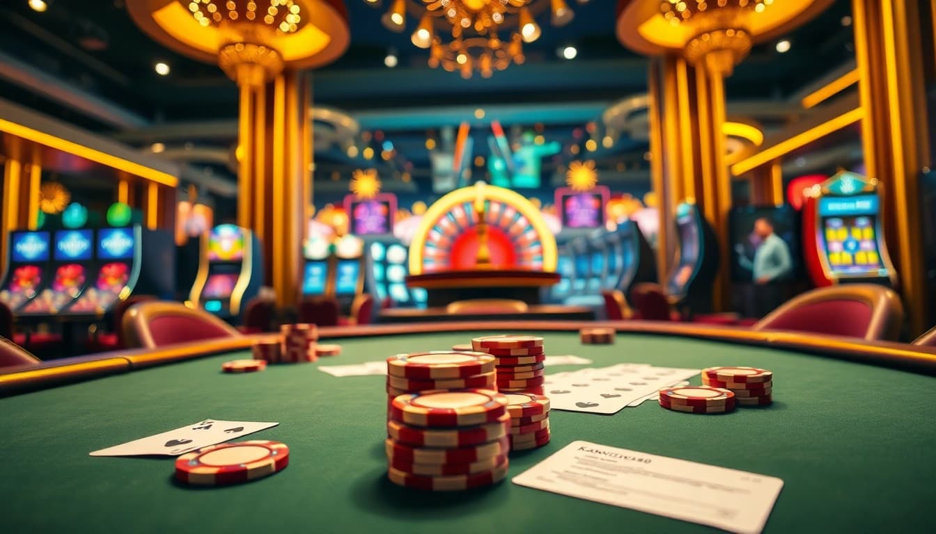 Experience the thrill of Nhà cái KONG88 at a vibrant casino table with poker chips and cards.