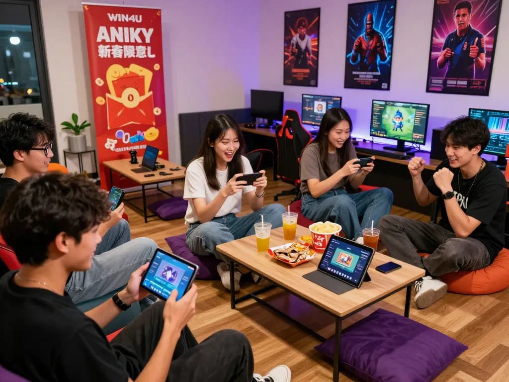 Players enjoying the w4u gaming platform in a lively community setting, surrounded by colorful decor and promotional banners.