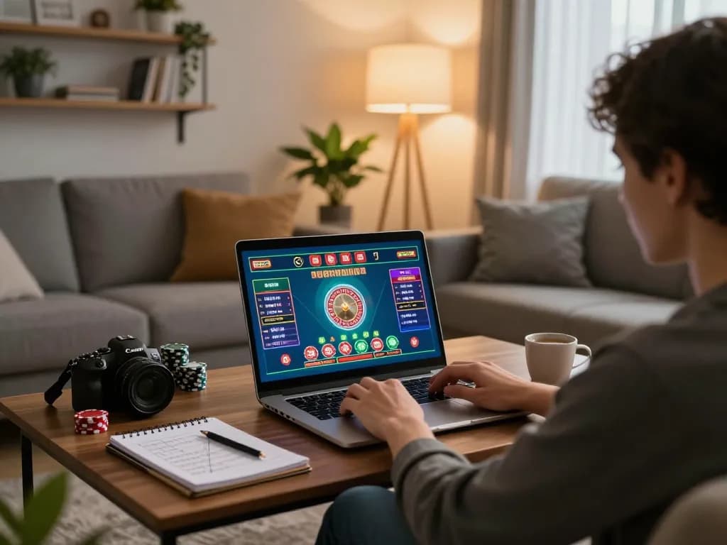 Experience thrilling online gaming at lc88 with a cozy home setup and engaging roulette game.