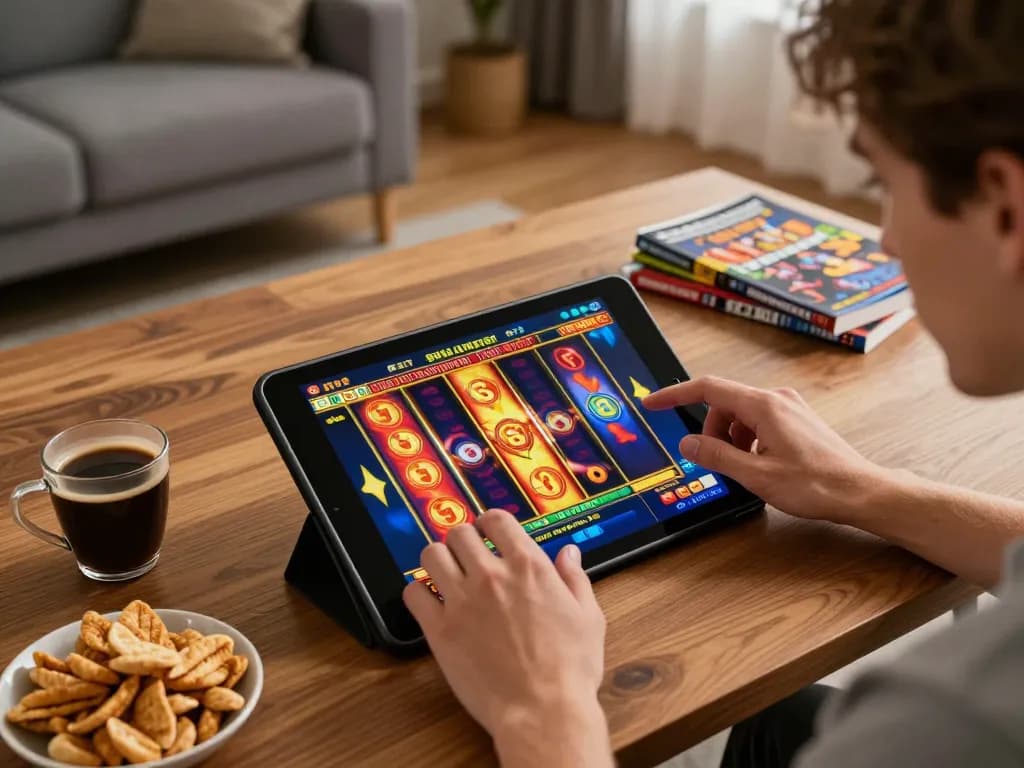 Memainkan slot pulsa online di tablet di ruang tamu yang nyaman, menampilkan aksi permainan yang menarik.