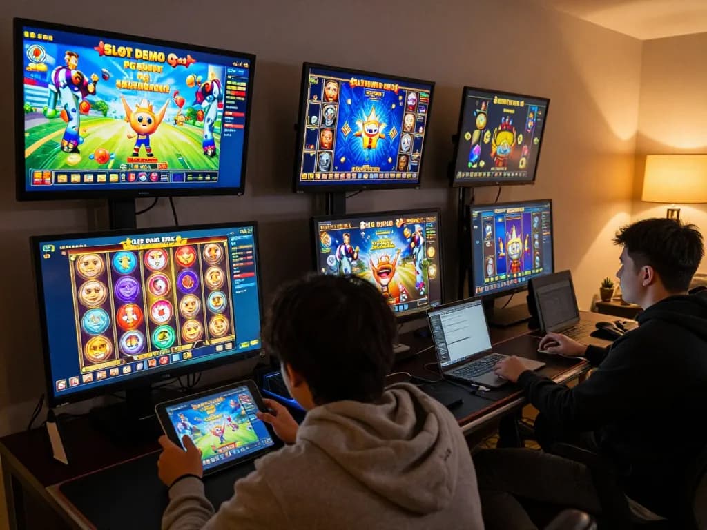 Pemain yang terlibat menikmati Slot Demo PG Soft secara online, menampilkan antarmuka permainan yang cerah dan kenyamanan di rumah.