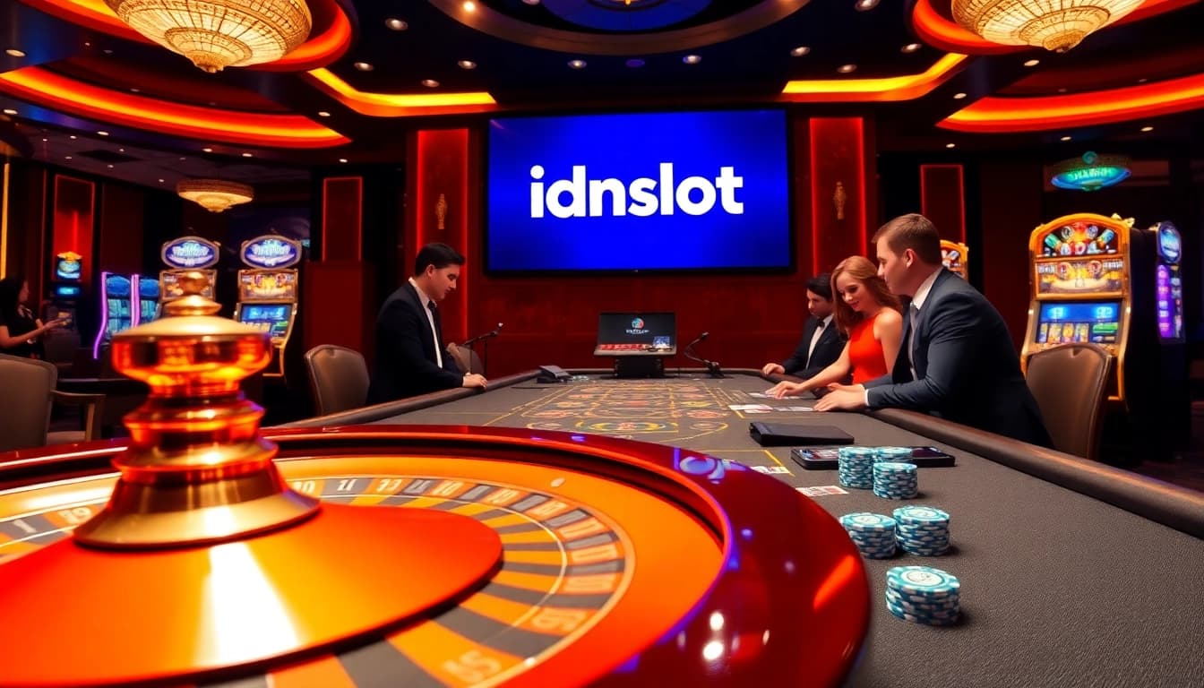 Engaging scene with idnslot logo amid vibrant casino games and dealers interacting.