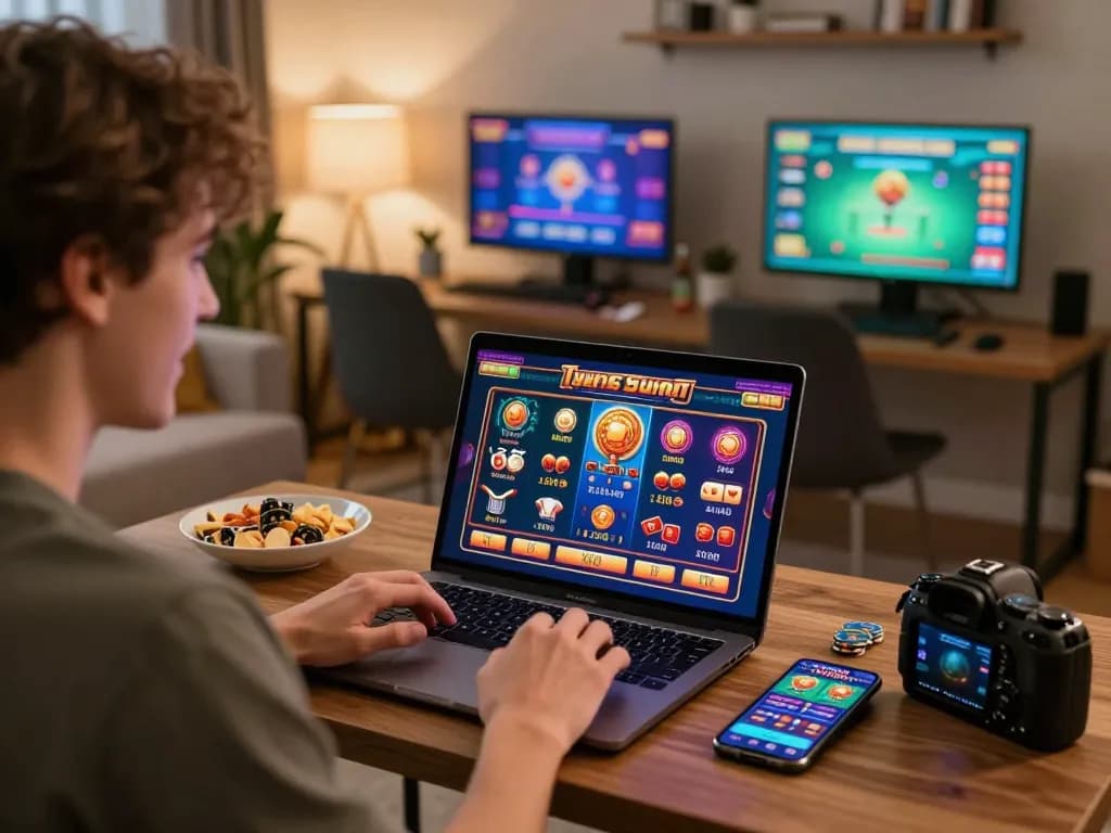 Exciting moment at trang chủ kuwin, individual engaging in online gaming with vibrant graphics and snacks.