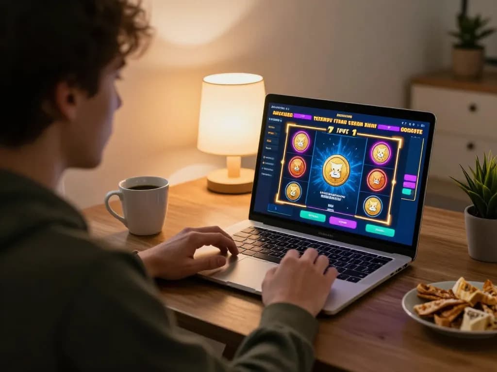 Person playing at a dogecoin casino on their laptop with snacks around during an online gaming session