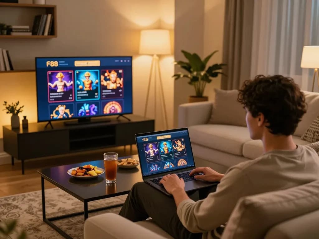 Engaged player using fo88 online casino on laptop at home, highlighting strategic gameplay