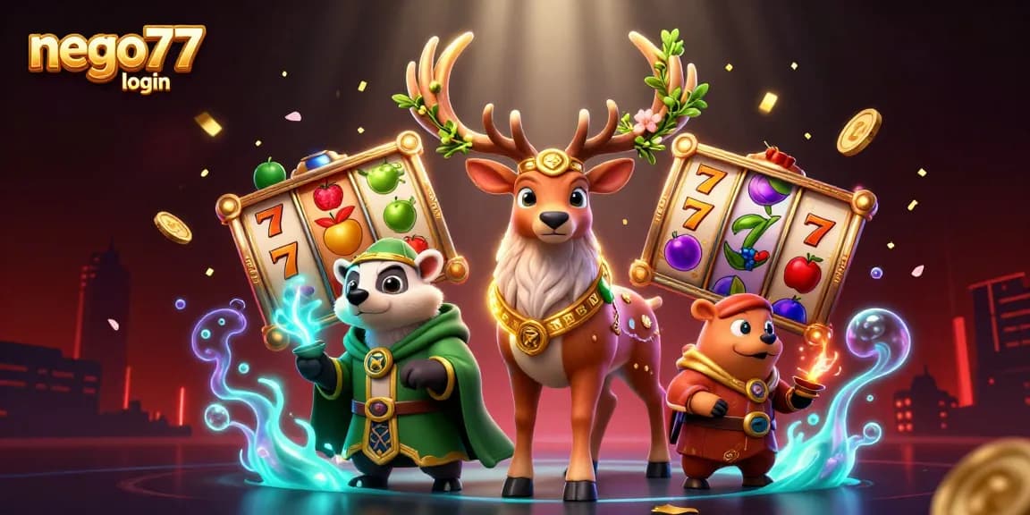 Engage with the exciting world of gambling through NEGO77 login, featuring vibrant casino elements and characters.