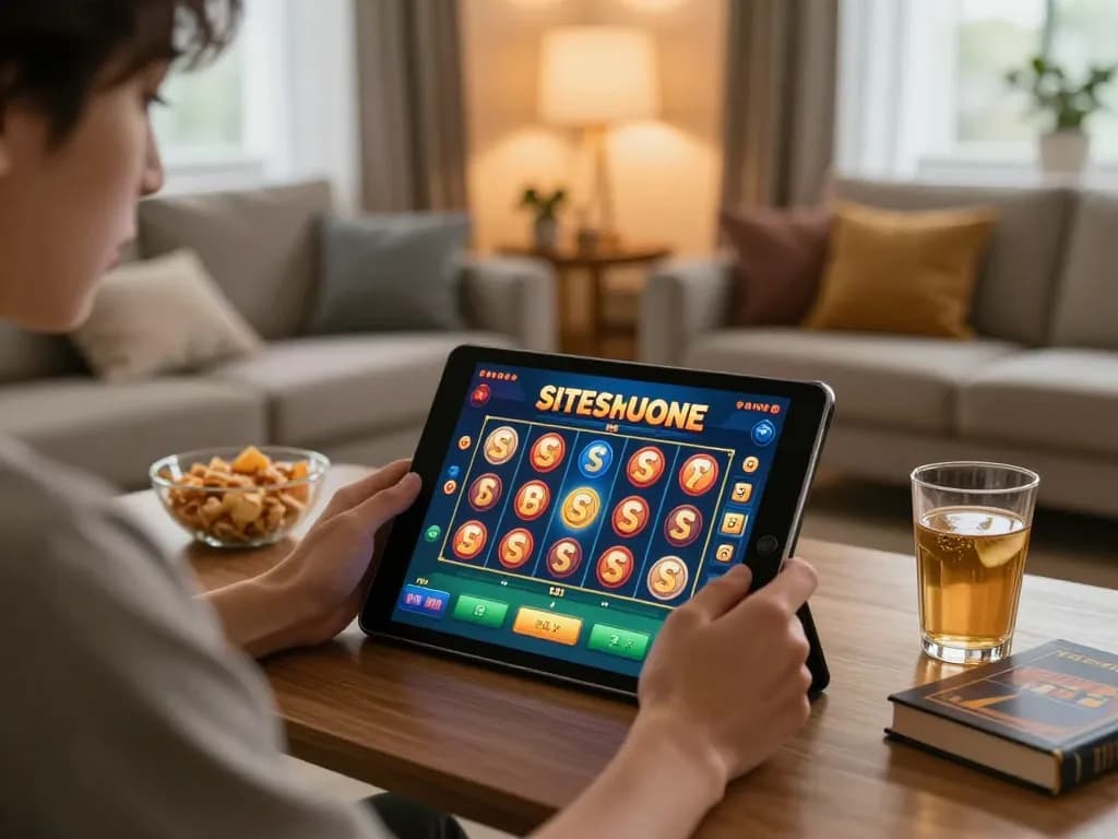 Engaging with situs slot mahjong on a tablet during online gaming at home, highlighting responsible betting.