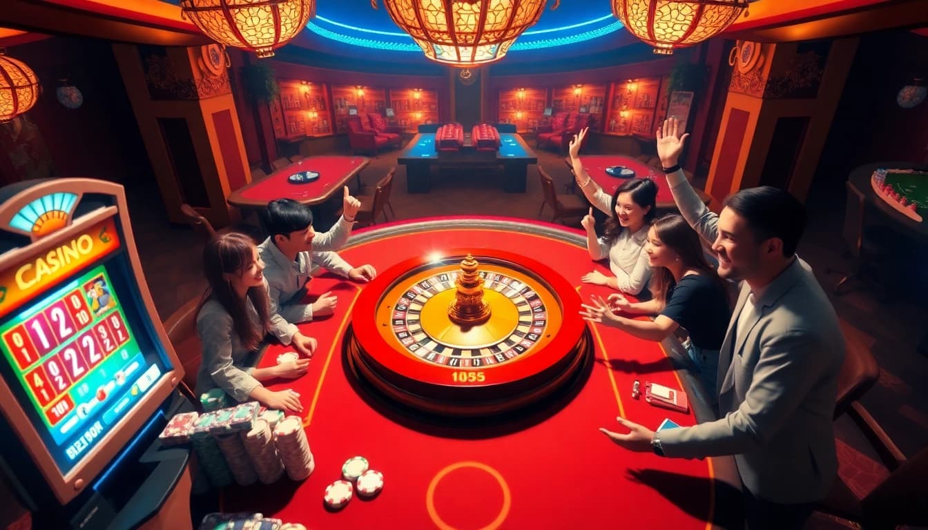 Experience the excitement of LEGO138 daftar with an immersive online casino scene featuring joyful players and vibrant gaming elements.