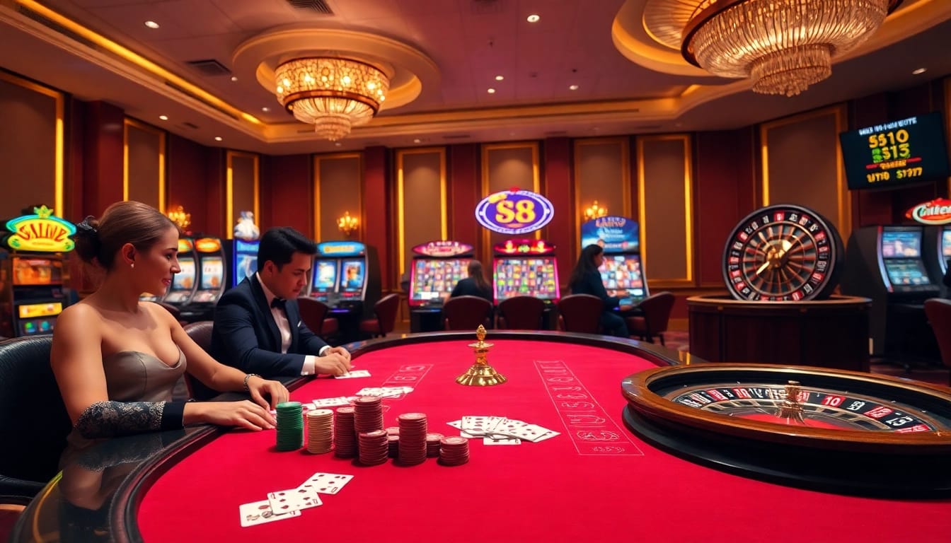 High-stakes poker action at s8 casino with players and colorful chips in a luxurious setting.