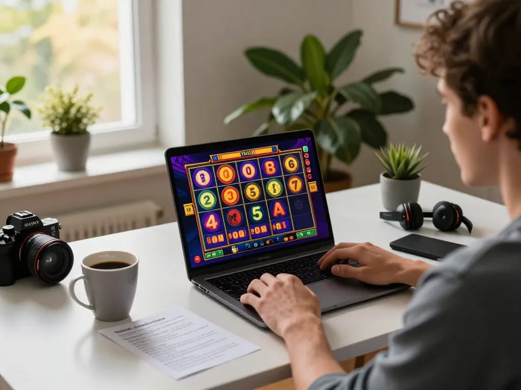 Player enjoying online nohu slots with vibrant graphics in a cozy home office reflecting responsible gaming