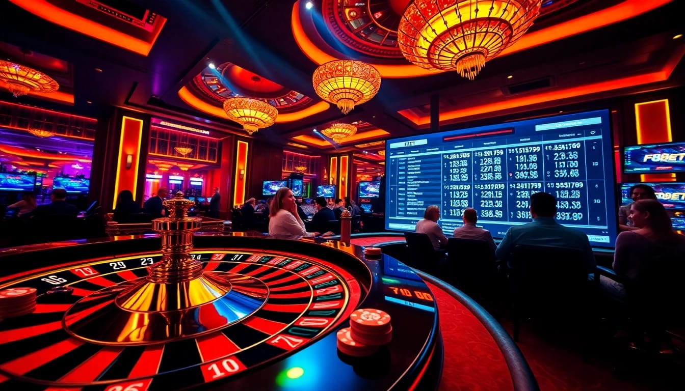Experience the thrill of F8BET with exciting gaming visuals featuring roulette and poker chips.