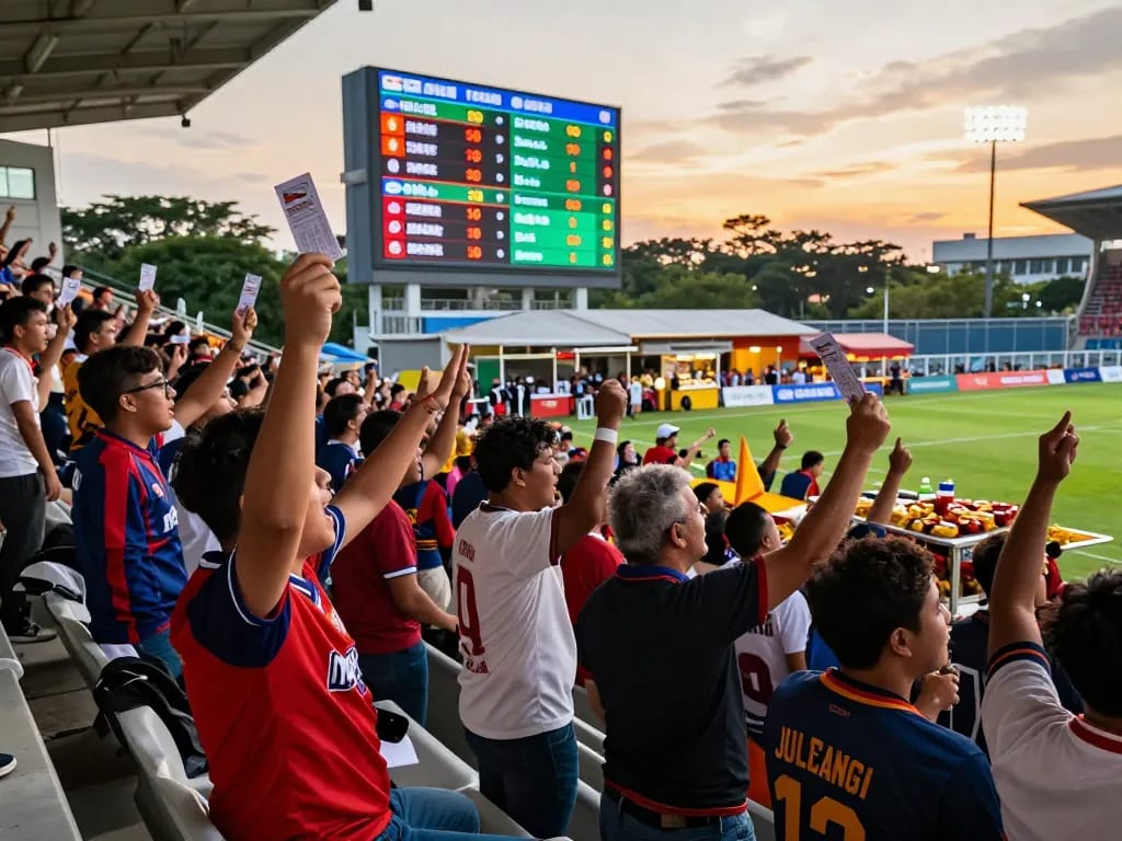 Exciting judi bola atmosphere at a packed football stadium with fans cheering.