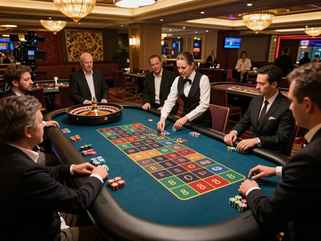 Players eagerly placing bets at HM88 roulette table in luxurious casino setting
