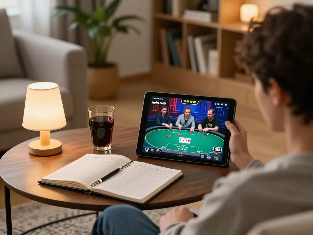 Engaging in poker gameplay on iwin club while managing bankroll strategies in a cozy living room.