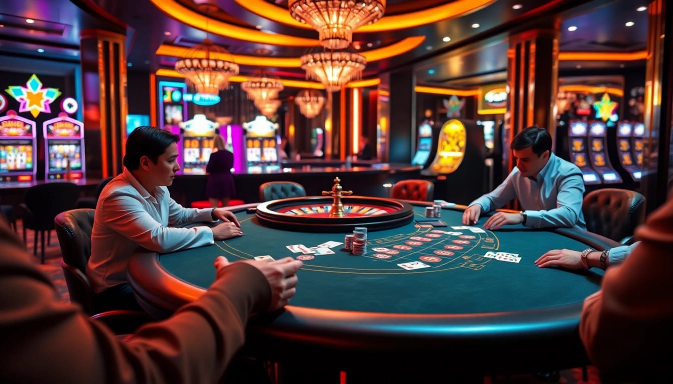 Intense poker gameplay at a luxurious casino table featuring https://tg88.za.com/ with vibrant chips and cards.