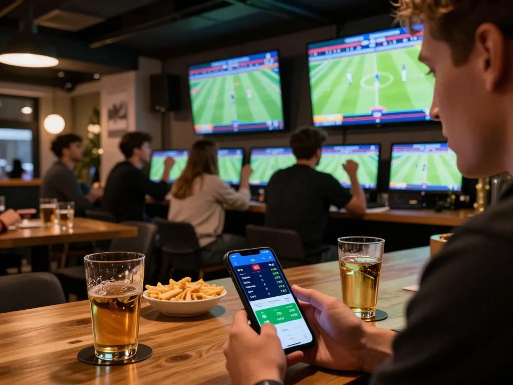 Engaged fan analyzing tỷ lệ kèo cúp C1 on smartphone during live sports betting at stylish pub