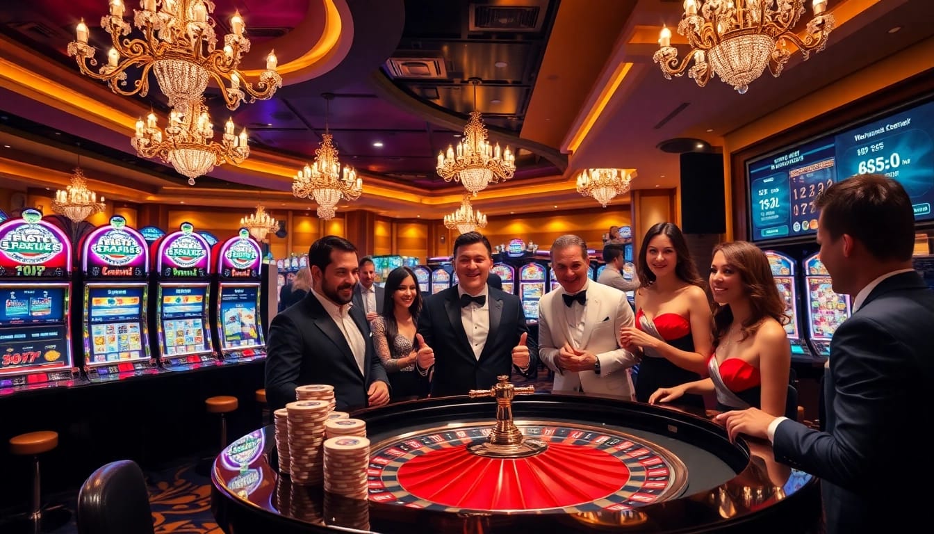 Pahala4d enhancing excitement at a luxurious casino, showcasing gamblers around a roulette table.