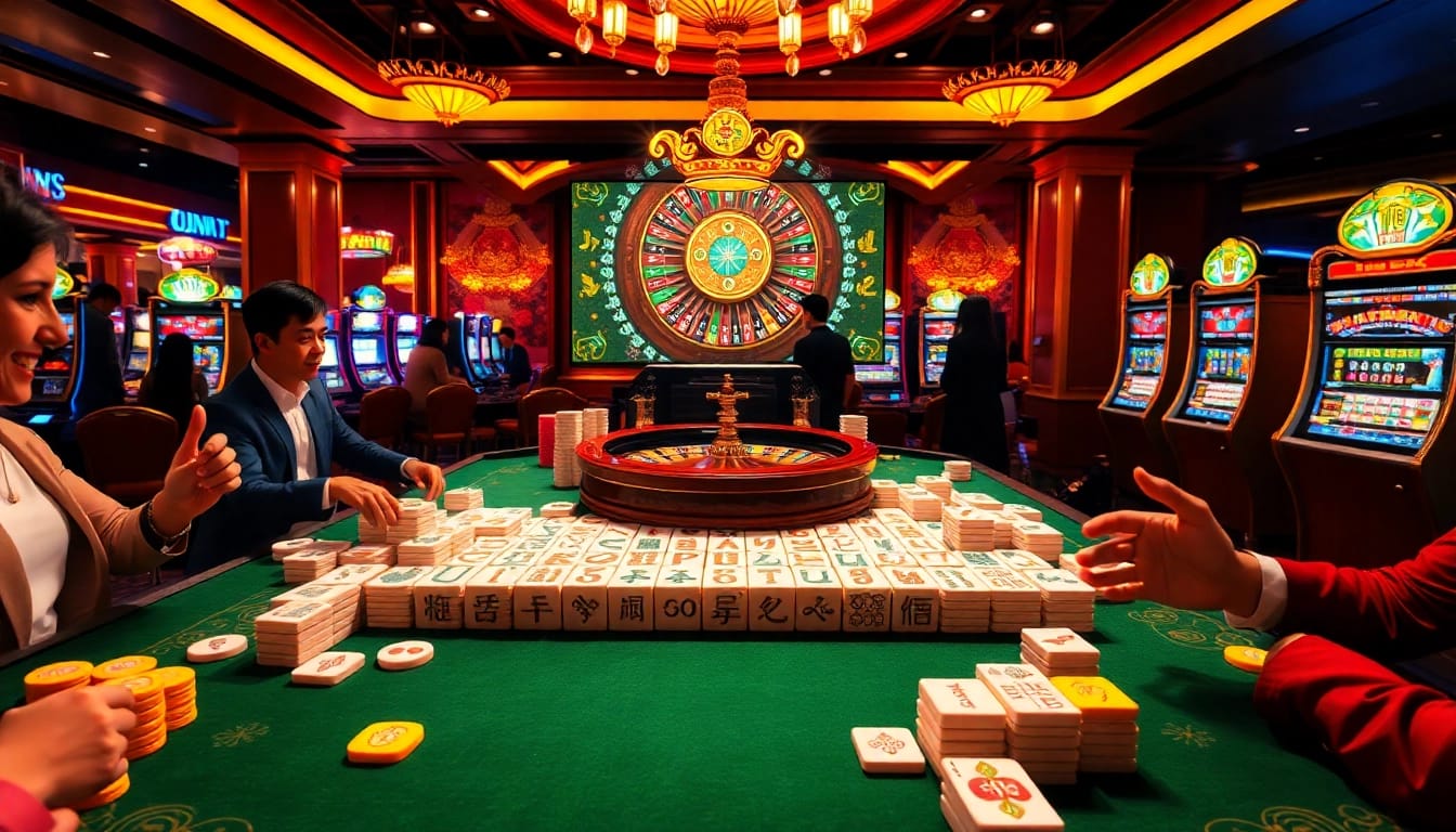 Playing a demo slot on an elegant mahjong table in a lively casino atmosphere.