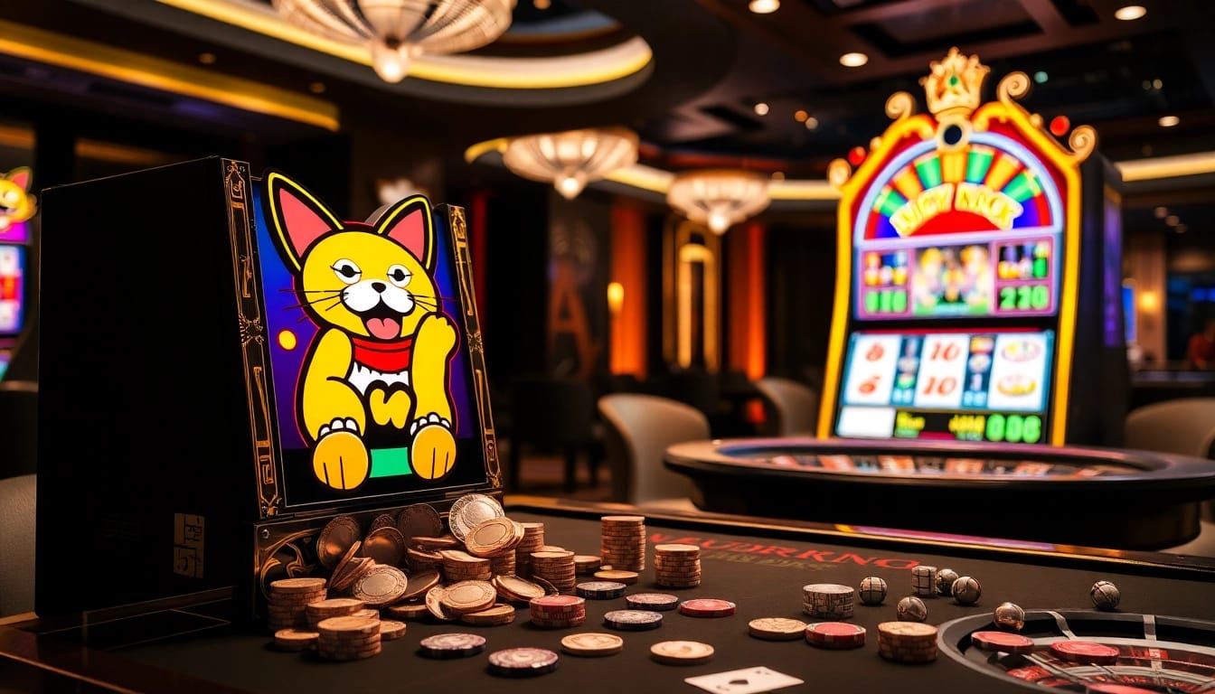 Engaging slot demo featuring Lucky Neko theme with vibrant visuals and casino elements.