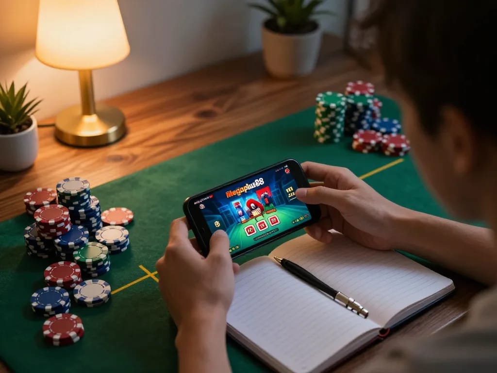 Engage in thrilling gameplay at megaplus88 with a player strategizing on mobile for better odds.