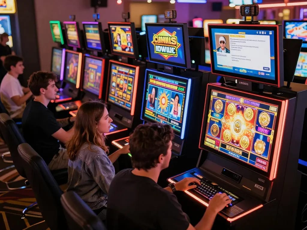 Engaging online gaming scene showcasing players enjoying slot gacor on screens with vibrant graphics