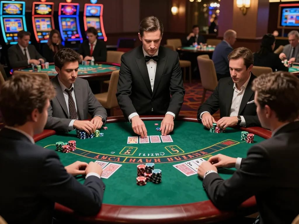 Cheering players at MM88 blackjack table during intense gameplay in a luxury casino environment.