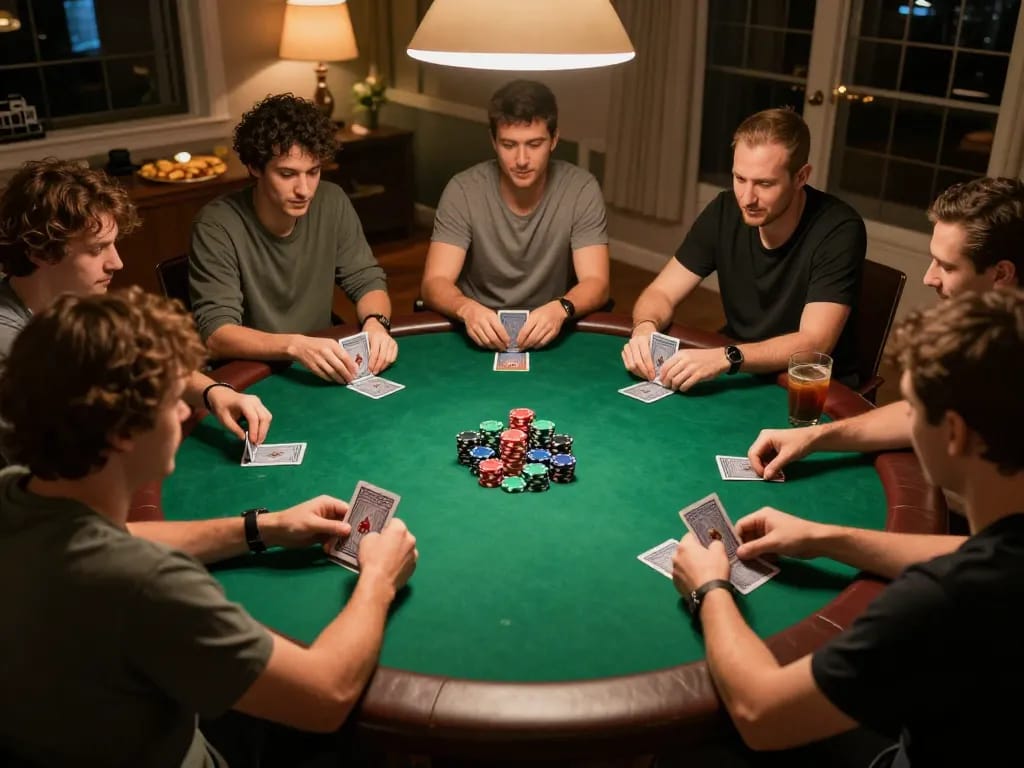 Players enjoying dynamic poker game at home, showcasing engaging atmosphere and strategic moments, featuring bk8.