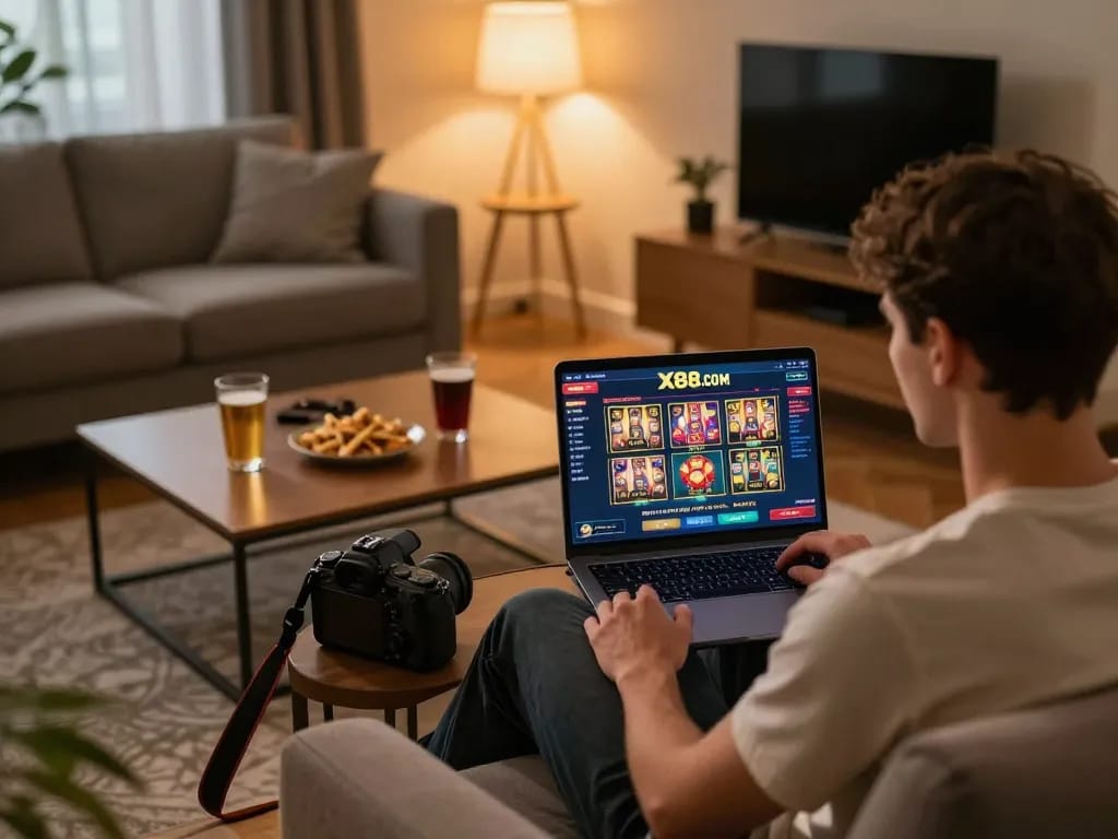 X88.COM user engaged in online gambling, showcasing vibrant gaming interface in a cozy living environment