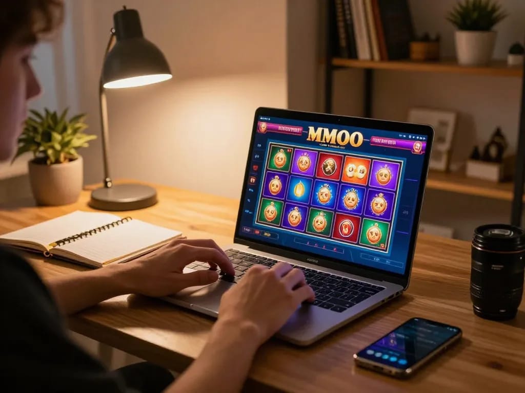 Player engaging in online MMOO gambling with vibrant game display on laptop