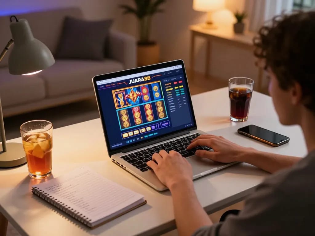 Engaging in JUARA88 LOGIN on a laptop in a cozy home setting, showcasing an online casino gaming experience.