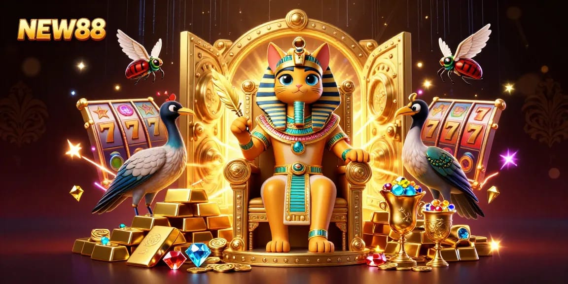 Engage with NEW88's vibrant online gaming universe featuring a pharaoh cat and treasures.