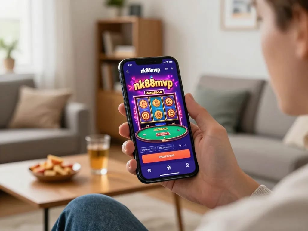 Player engages with nk88mvp casino app on smartphone while relaxing at home