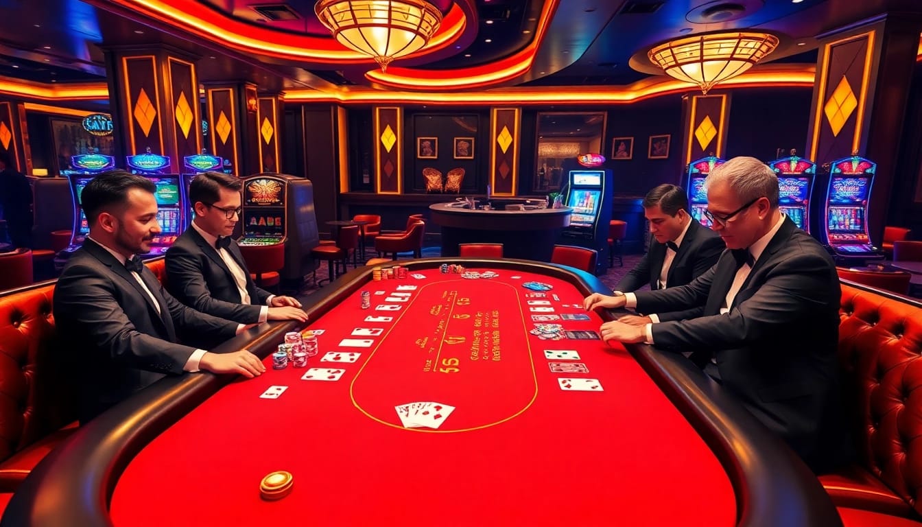 Engaging gamblers at AU88's luxurious casino poker table with colorful chips and cards.