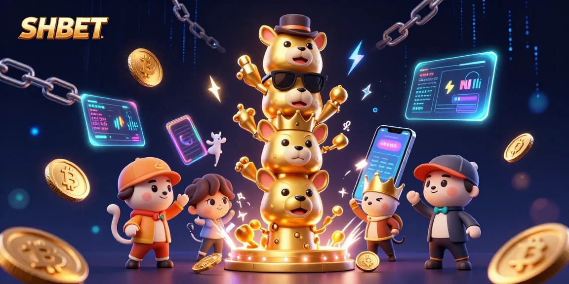 Engage with the vibrant SHBET casino experience through a dynamic illustration featuring a golden totem pole and crypto elements.