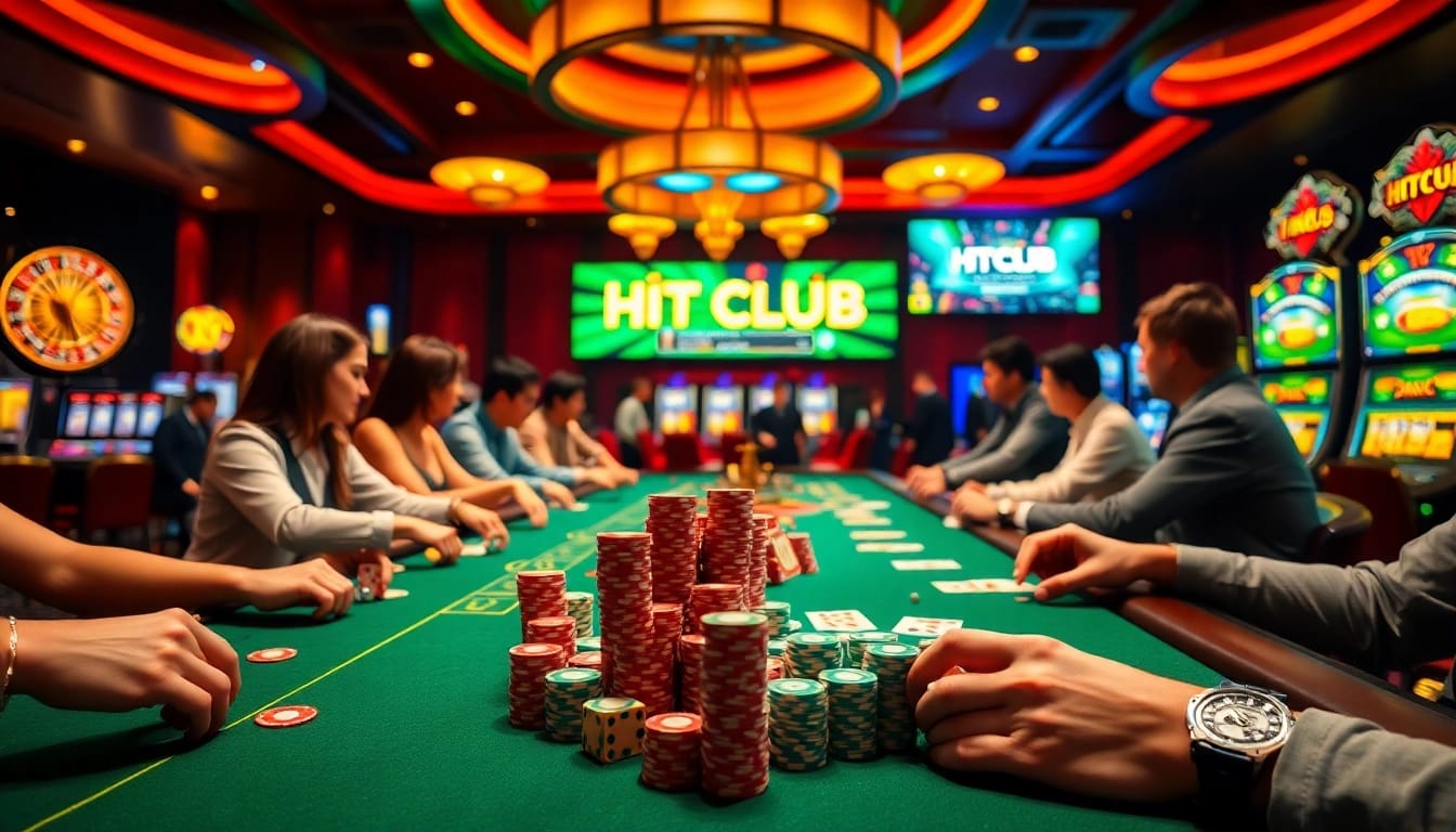 Hitclub gaming table scene with players enjoying high-stakes card games in a vibrant casino.