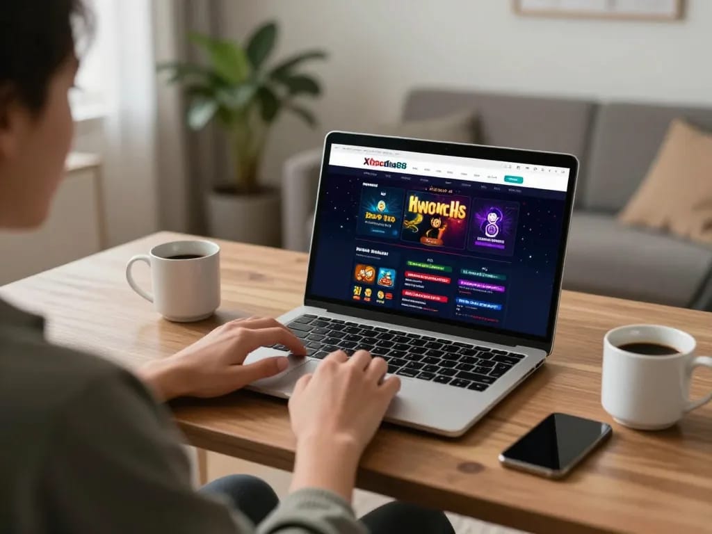 Xocdia88 user engaging in online gambling at home via laptop, representing modern gaming lifestyle.