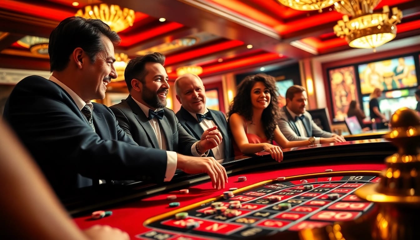 Engaged players at a gambling forum discussing strategies while playing roulette.