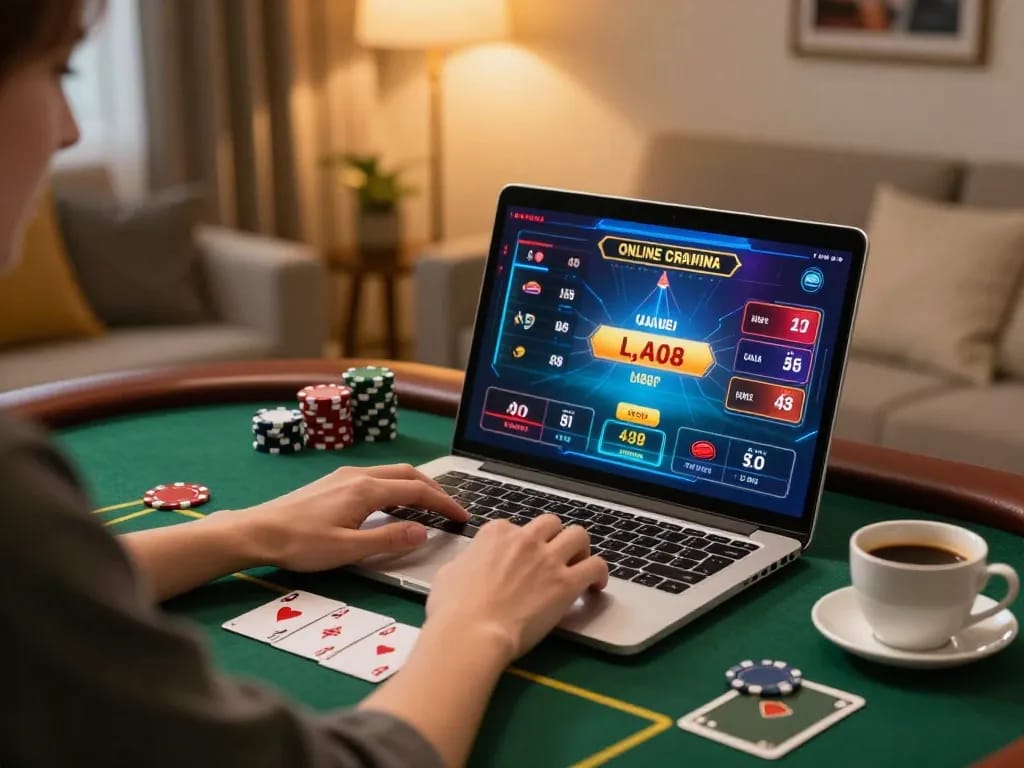 Engaging in online poker gameplay at home using say88 on a laptop amidst a cozy atmosphere.