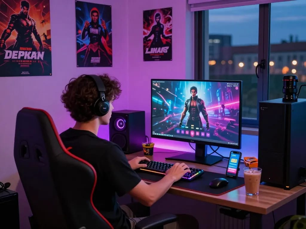 Engaging scene showcasing a gamer playing interactive porngames in a vibrant gaming room.